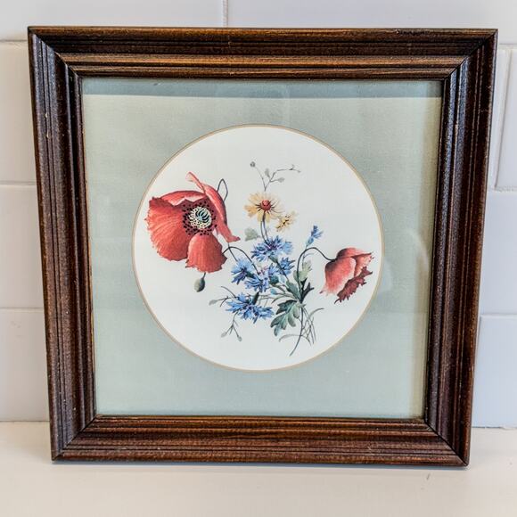 Vintage Wooden Framed Botanical Red Poppy & Wildflower Print w/ Matte, 9.5" - Picture 2 of 6